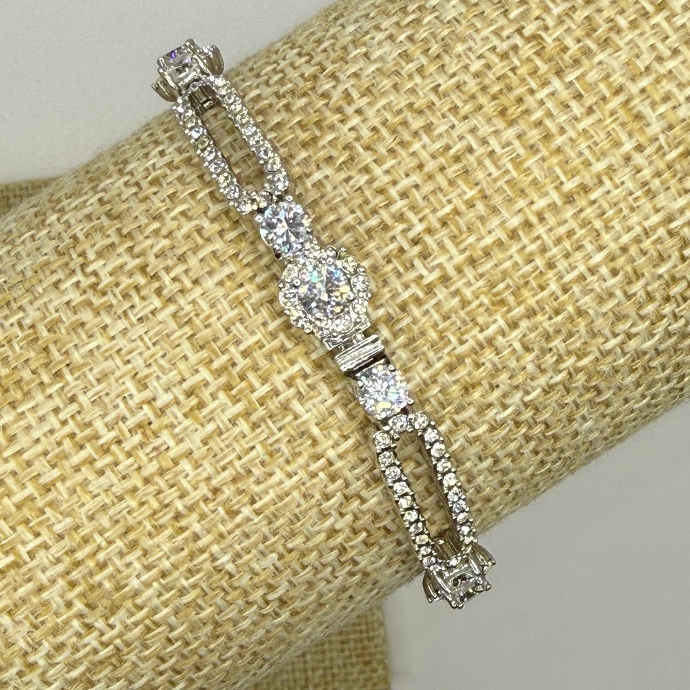 Nadri Silver Tone Cubic Zirconia Radiant Halo Line Bracelet Bridal Statement